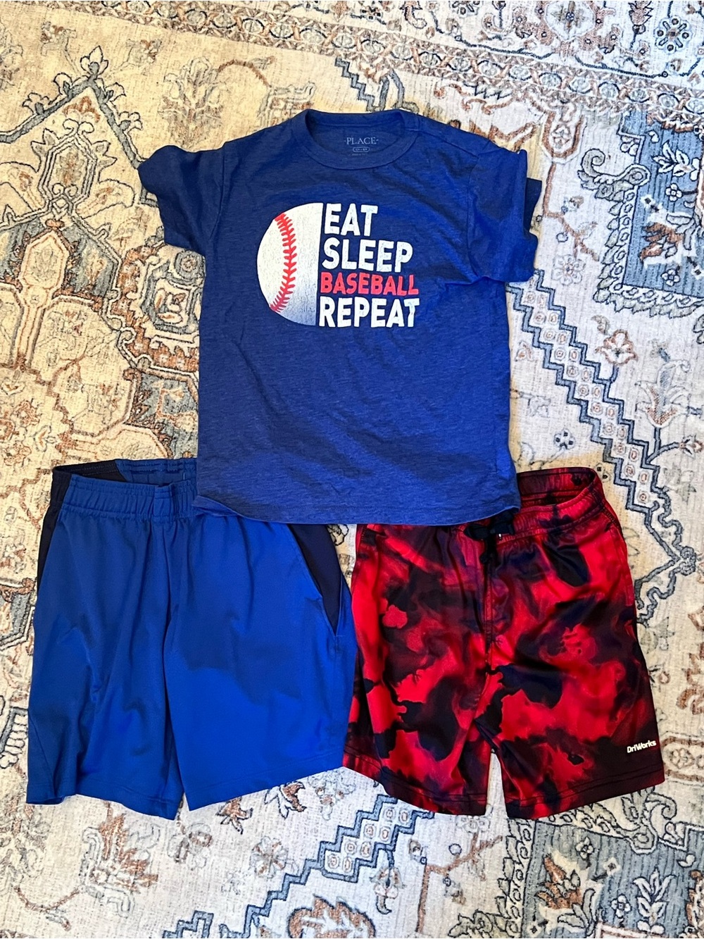 Place Blue Graphic 'Eat Sleep Baseball Repeat' Tee with Blue and Red Shorts